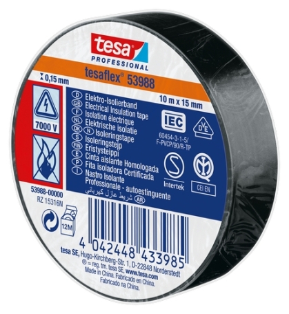 Tesa 53988 isolatietape Zwart PVC (0.15mm) 15mm x 10 meter